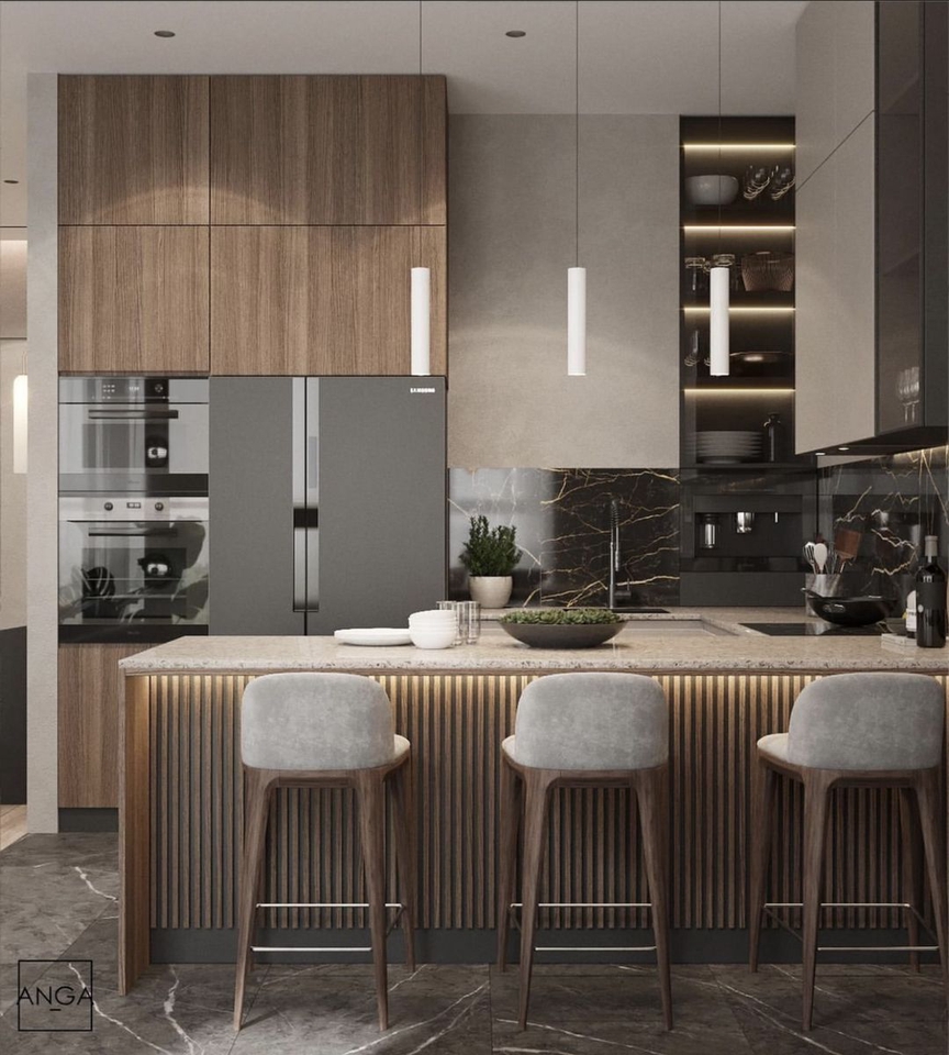 Desain interior dapur minimalis modern dengan kitchen set dan meja bar, jasa desain interior rumah 3d, desain interior, desain rumah minimalis, desain dapur, desain cafe, desain rumah, jasa desain rumah, desain interior rumah, jasa arsitektur, desain interior jakarta, desain interior bandung.