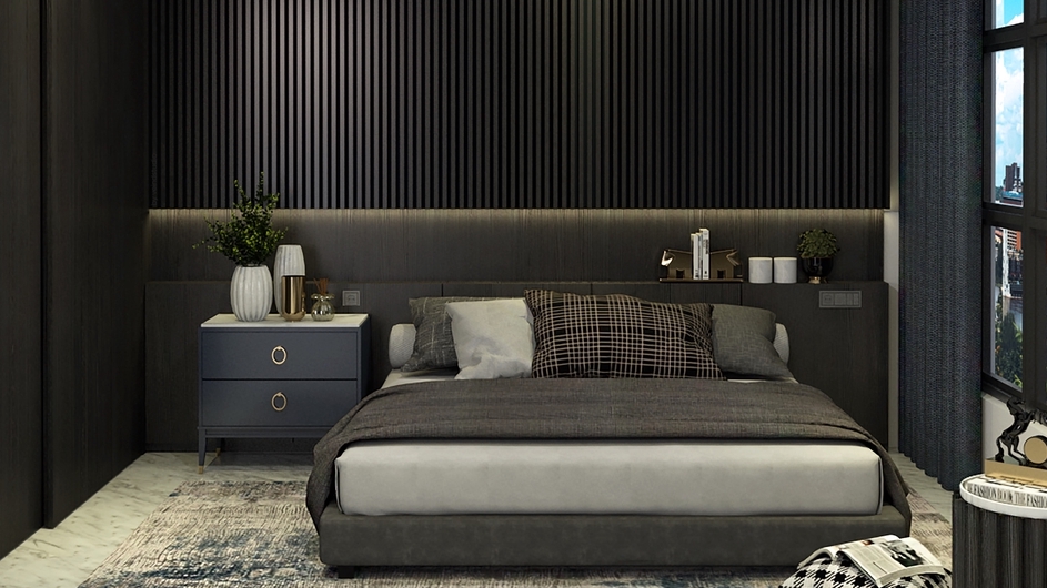 Jasa desain interior kamar tidur minimalis dengan nuansa gelap dan modern.