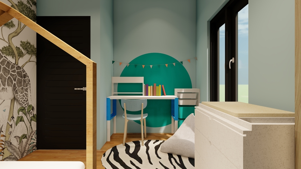 Desain interior ruangan minimalis dengan meja kerja, rak buku, dan lemari penyimpanan.