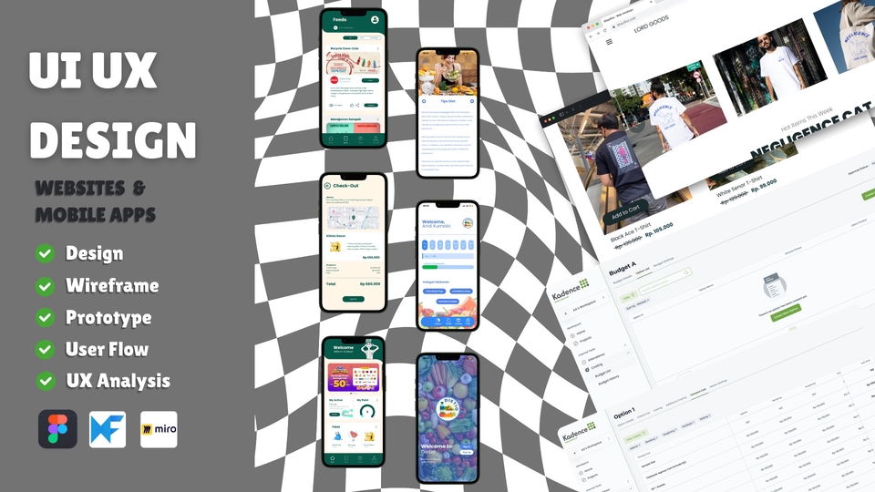 Jasa desain UI UX untuk website dan aplikasi mobile, desainer freelance UI UX, desain UI UX profesional, harga desain UI UX, mockup website dan aplikasi.
