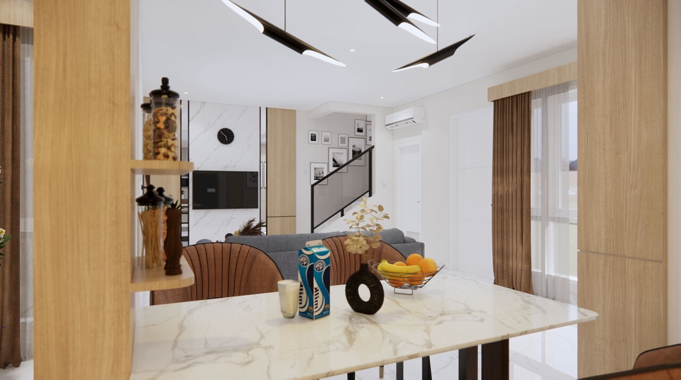 Desain meja makan kayu minimalis dengan kursi kayu modern dan rak dinding