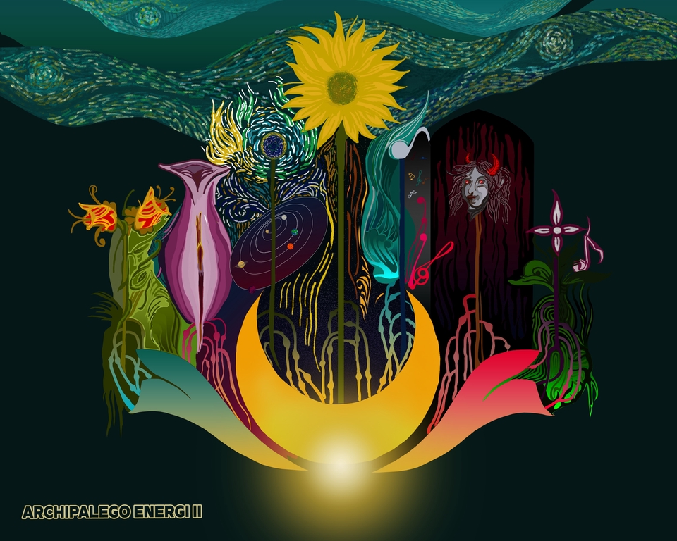 Ilustrasi digital abstrak dengan konsep bunga dan bulan, cocok untuk desain website, poster, dan media promosi lainnya.