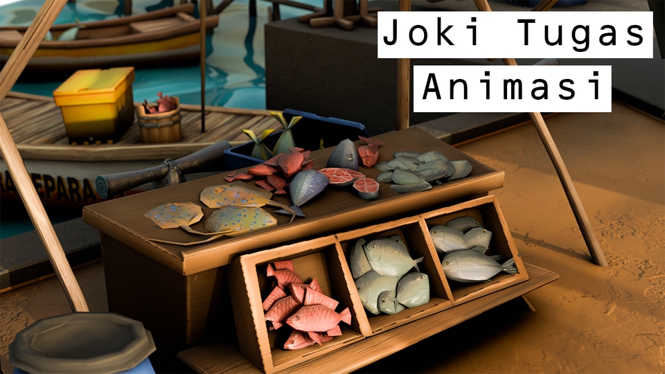 Jasa pembuatan video animasi 3d dengan ikan di atas meja kayu.