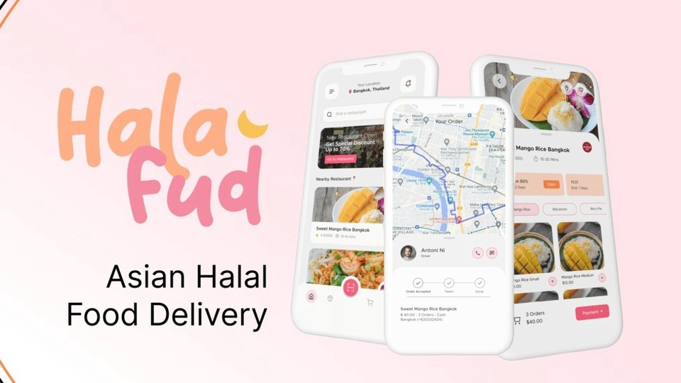 Desain aplikasi mobile Hala Fud untuk pengiriman makanan halal Asia, menampilkan antarmuka pengguna dengan peta, menu, dan ulasan.