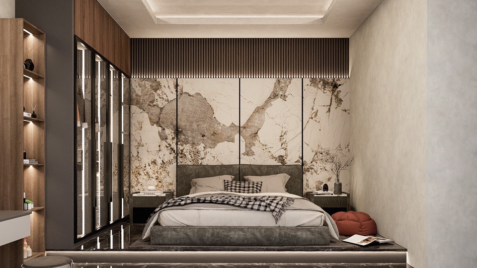 Jasa desain interior 3d ruang tidur minimalis modern dengan dinding batu alam dan lemari kayu