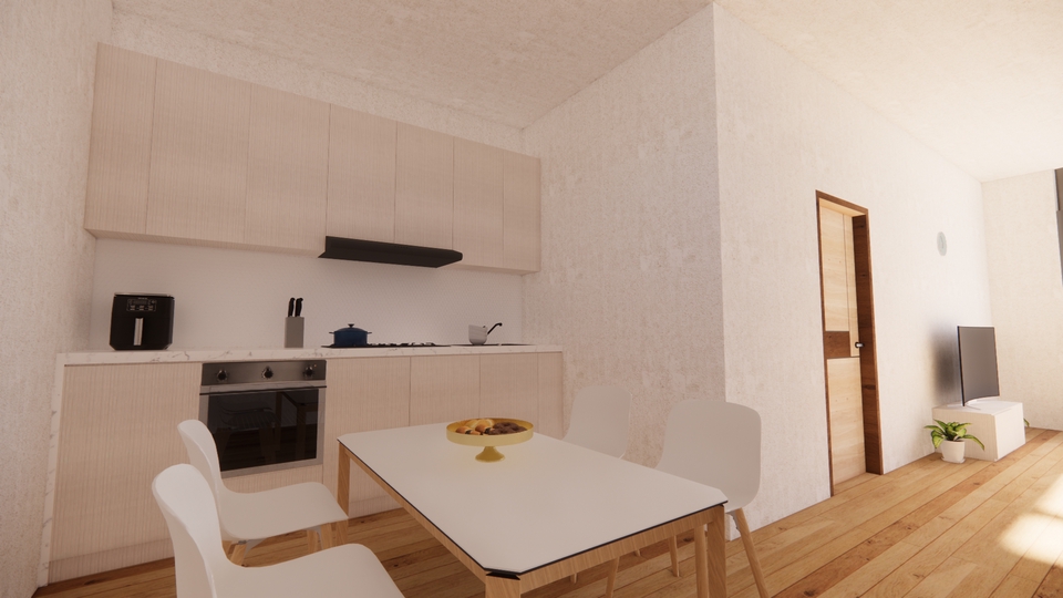 Jasa desain interior 3D untuk apartemen studio modern minimalis dengan kitchen set dan ruang makan