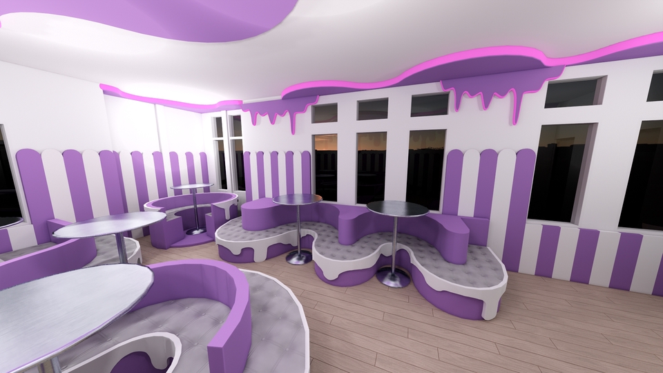 Desain Interior Cafe Minimalis dengan Nuansa Ungu dan Putih, Jasa Desain Cafe 3D, Jasa Arsitektur, Jasa Interior Rumah, Desain Cafe Unik, Desain Cafe Kopi, Desain Cafe Sederhana.