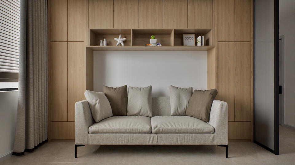 Jasa pembuatan animasi 3d untuk desain interior ruangan dengan sofa dan rak kayu