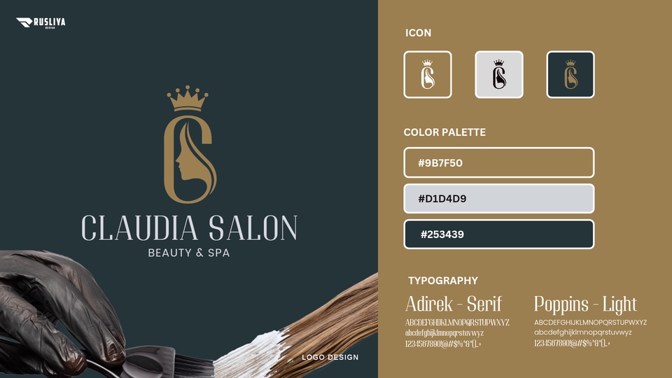 Desain logo salon kecantikan Claudia, logo dengan gambar wajah wanita dan mahkota, warna kuning dan cokelat.