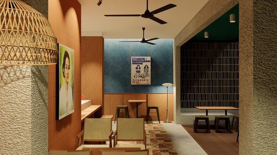 Jasa desain interior cafe minimalis modern dengan ruang tunggu dan meja makan yang nyaman