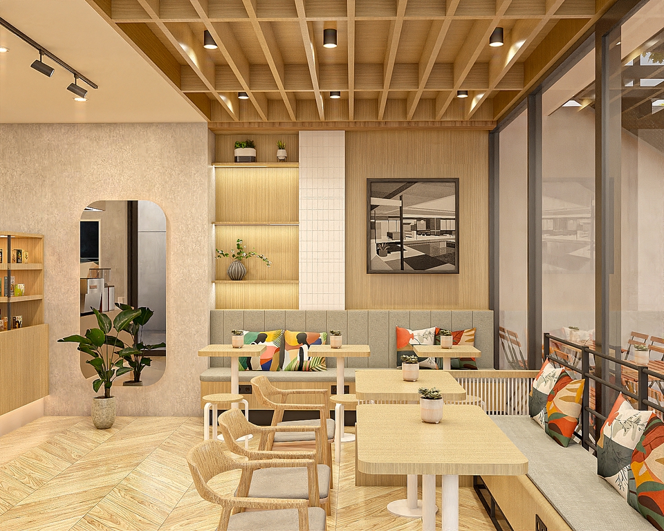 Jasa desain interior cafe minimalis dengan konsep modern dan kekinian, cocok untuk desain cafe di Jakarta.