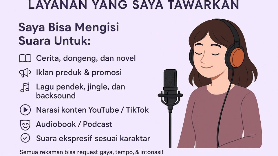Jasa pengisi suara perempuan profesional untuk iklan, video, audiobook, dan konten YouTube. Harga terjangkau.
