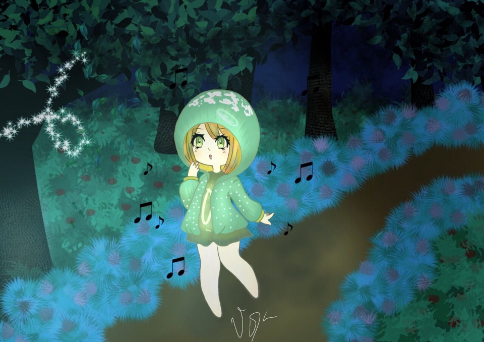 Jasa desain karakter kartun imut dengan desain kepala jamur hijau dan pakaian hijau, desain karakter lucu untuk karakter game atau vtuber.