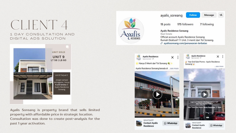 Konsultan bisnis membantu bisnis properti "Ayals Soreang" untuk meningkatkan branding dan penjualan melalui strategi digital marketing dan konsultasi bisnis.