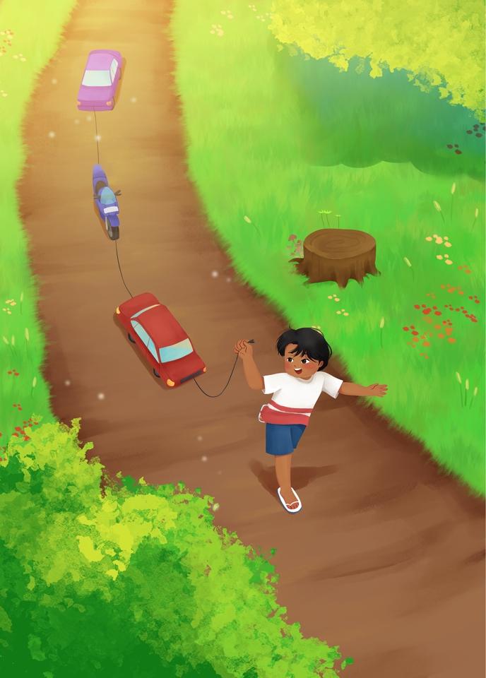 Ilustrasi anak laki-laki sedang menarik mobil mainan dengan tali di jalan tanah.