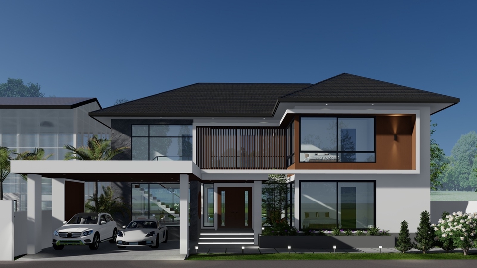 รับออกแบบบ้านสองชั้นสไตล์โมเดิร์น พร้อมที่จอดรถ ออกแบบตกแต่งภายในสวยหรู
