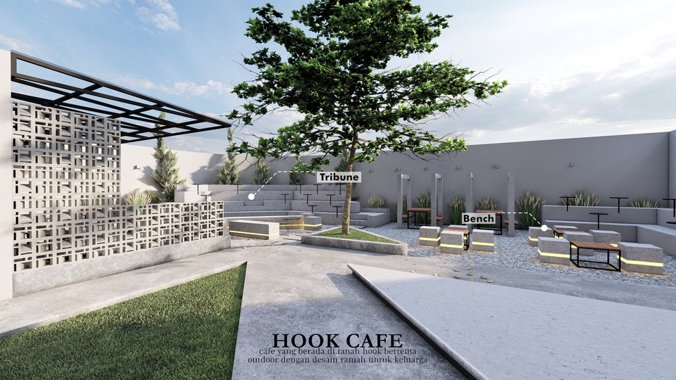 Jasa desain cafe minimalis modern HOOK CAFE render 3d eksterior interior