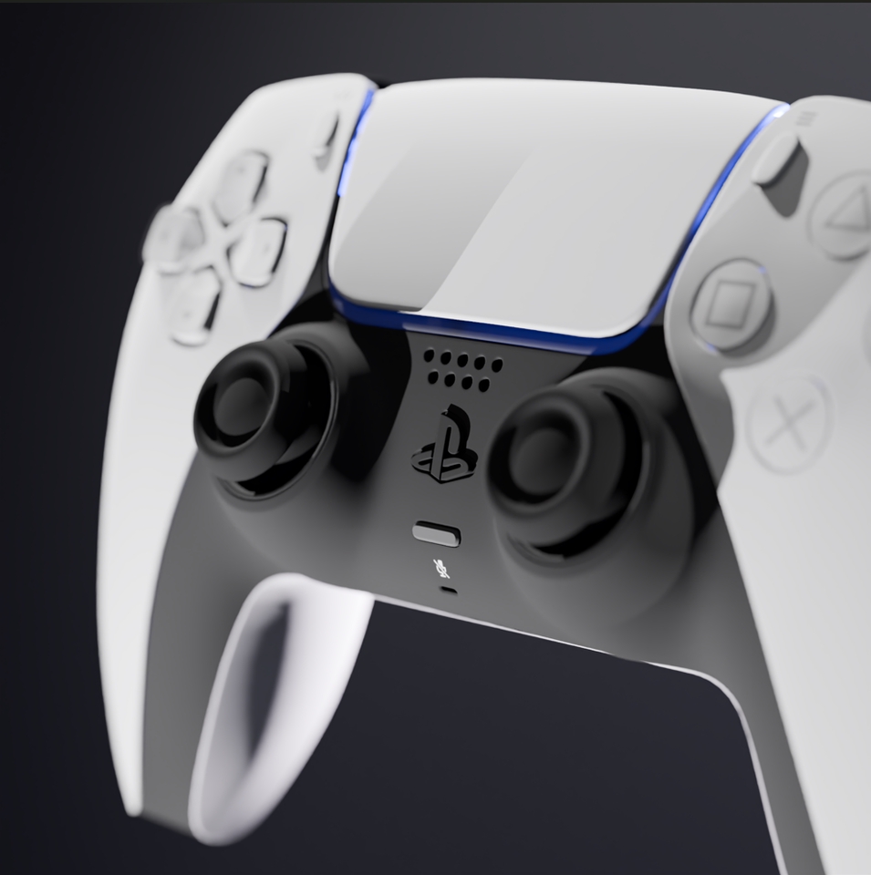 Desain controller game PS5 3D dengan warna putih dan hitam