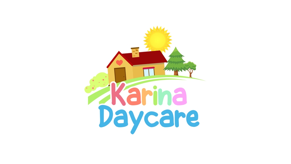 Logo daycare berwarna-warni dengan rumah, pohon, dan matahari untuk bisnis daycare Karina.