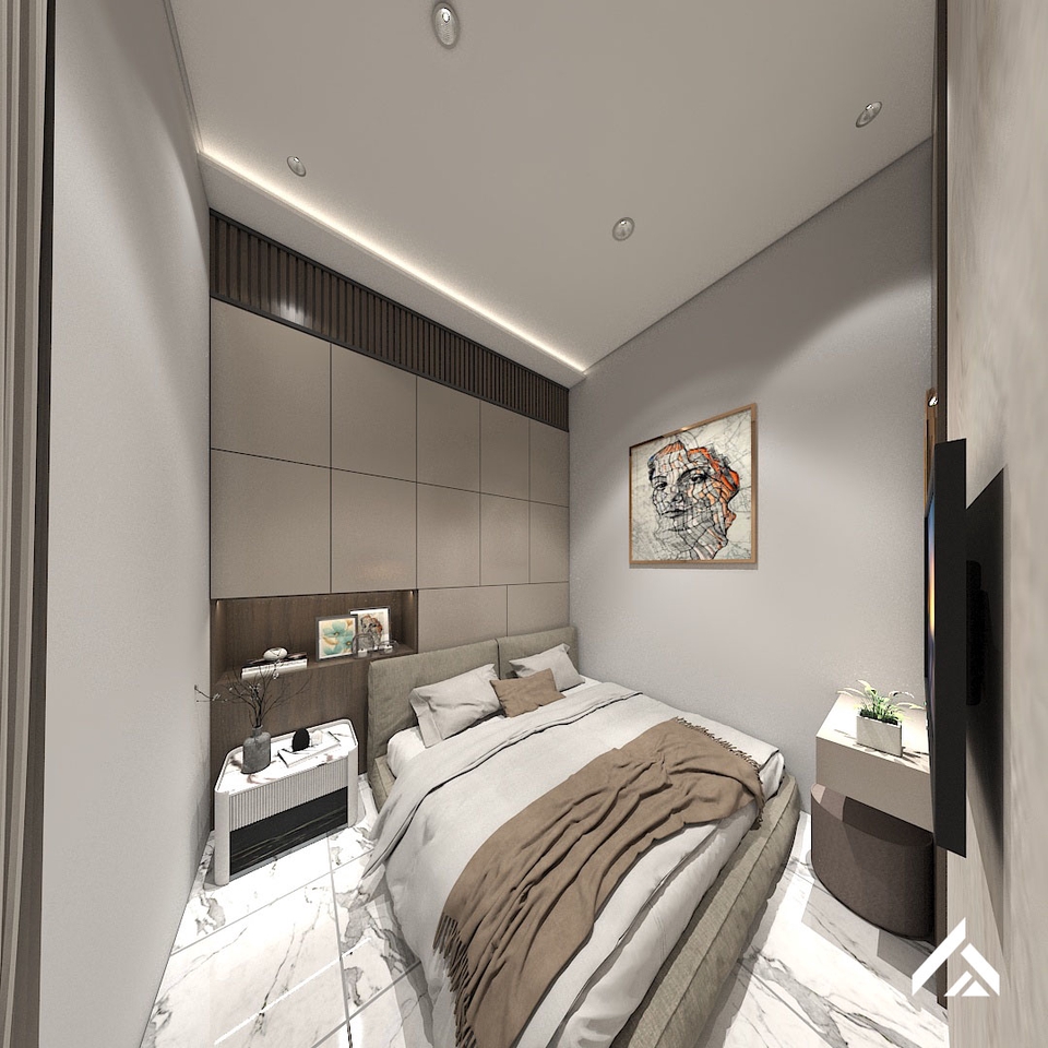 Desain Interior Kamar Tidur Minimalis Modern dengan Jendela Besar dan Dekorasi Dinding - Jasa Desain Interior 3D