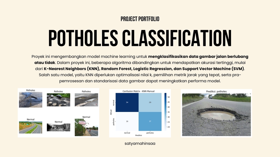 Analisis data pothole untuk klasifikasi jalan berlubang menggunakan metode K-Nearest Neighbors, Random Forest, Logistic Regression, dan Support Vector Machine.