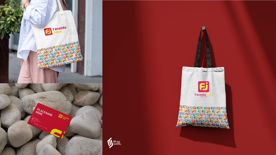Desain logo tas tote bag dengan logo FJ Fananda Jaya untuk branding bisnis makanan.