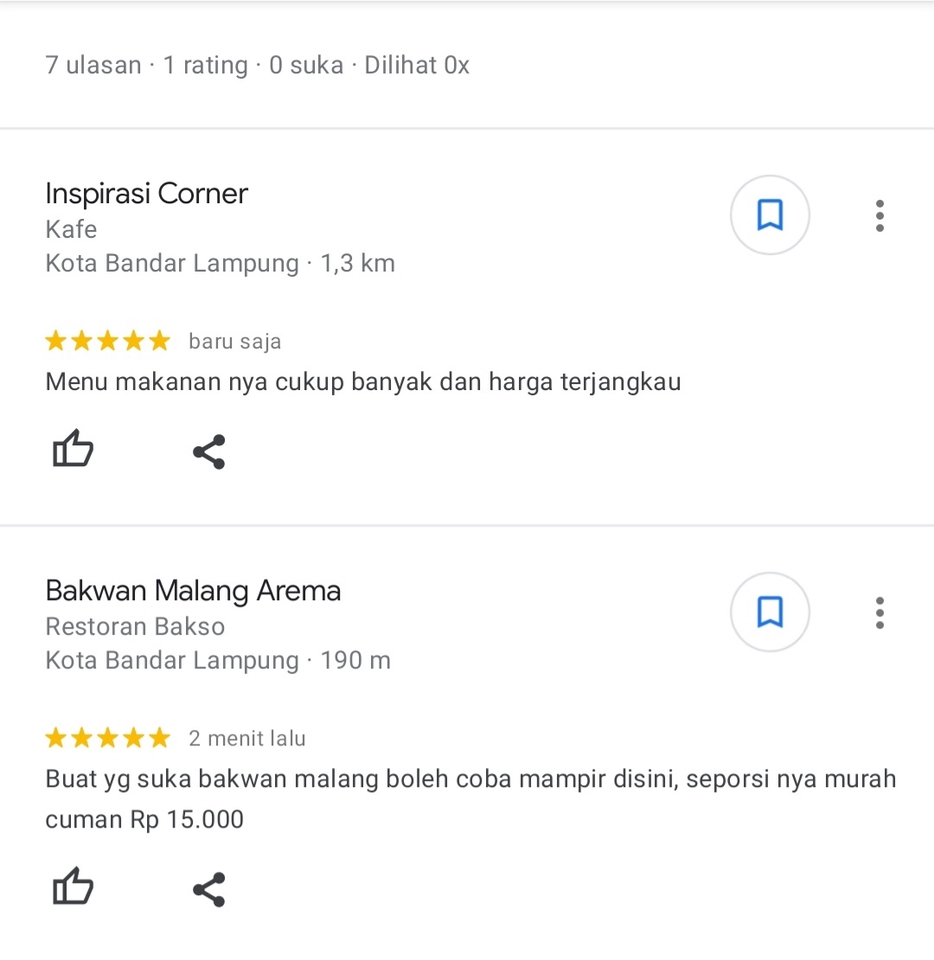 Jasa review Google Bisnis: ulasan cafe dan restoran di Bandar Lampung. Inspirasi Corner dan Bakwan Malang Arema.