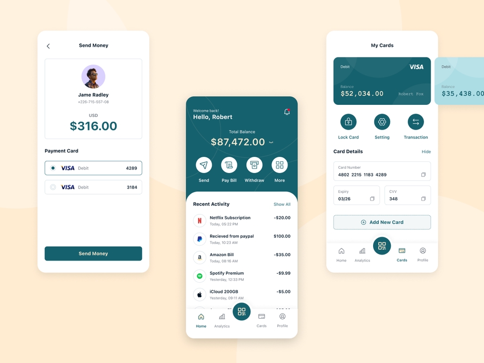 Desain UI UX aplikasi mobile keuangan dengan tampilan yang sederhana dan modern, menampilkan informasi saldo, riwayat transaksi, dan fitur transfer uang.