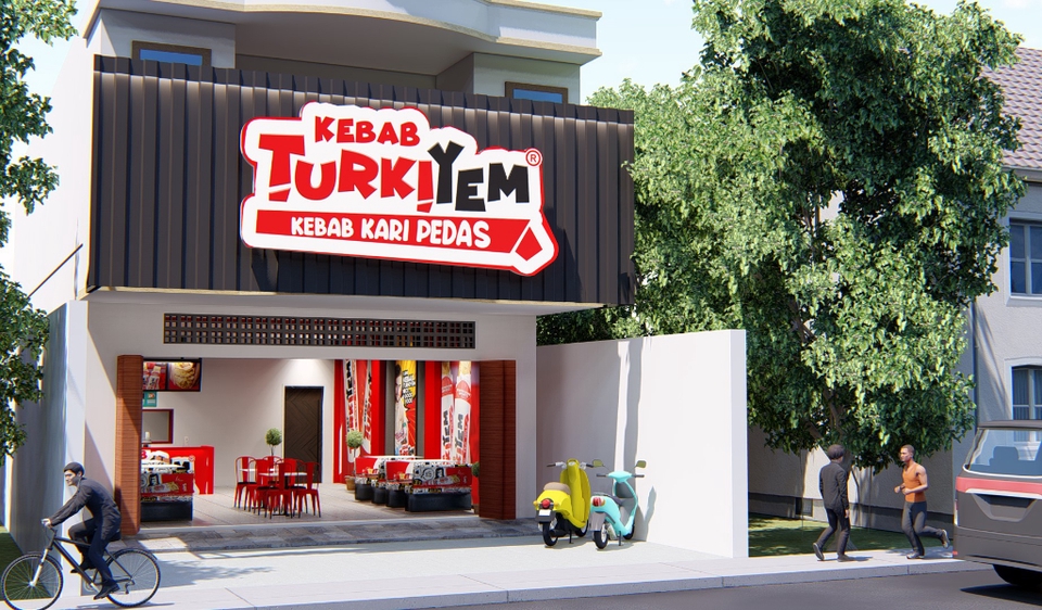 Desain eksterior 3D restoran kebab Turki dengan konsep minimalis dan modern. Jasa desain arsitektur dan interior 3D.