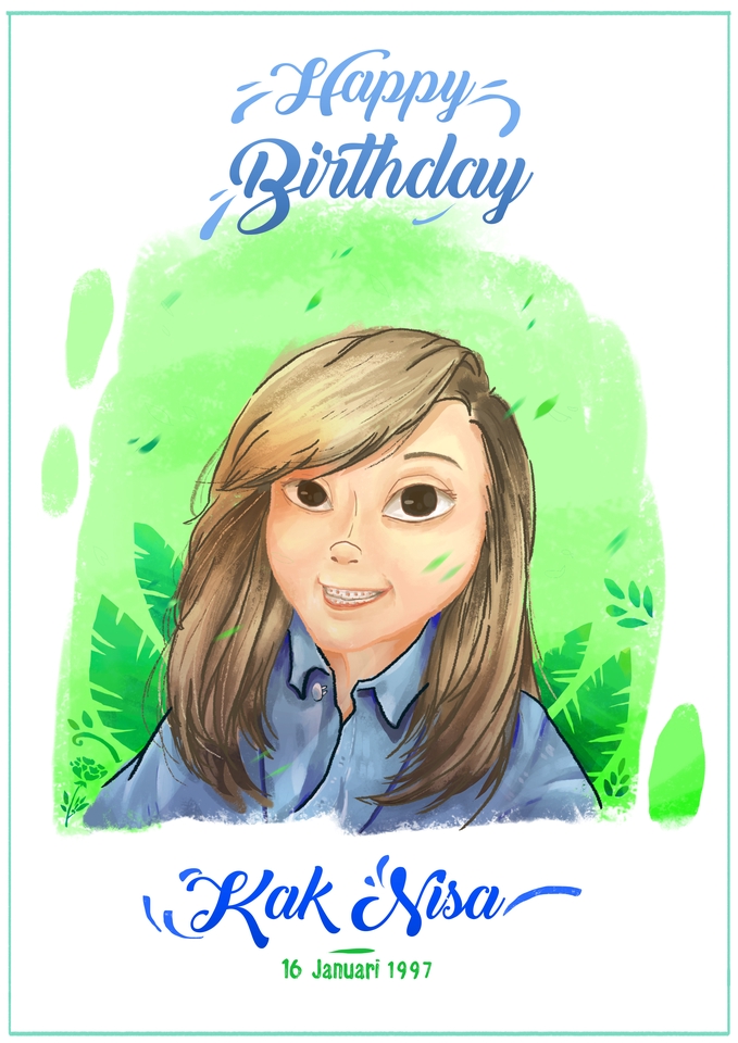 Ilustrasi kartun ulang tahun untuk Kak Nisa, dengan latar belakang hijau dan bunga, cocok untuk ucapan selamat ulang tahun