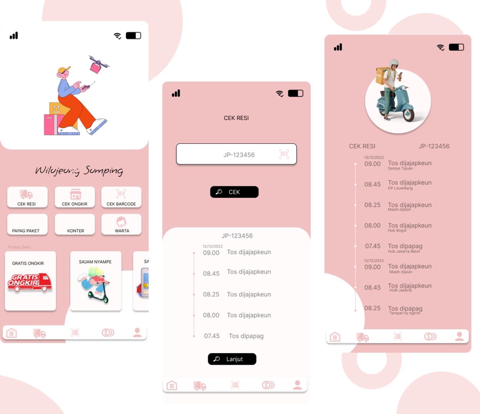 Contoh desain UI UX aplikasi mobile untuk layanan pengiriman makanan dan minuman dengan desain minimalis dan mudah dipahami pengguna.