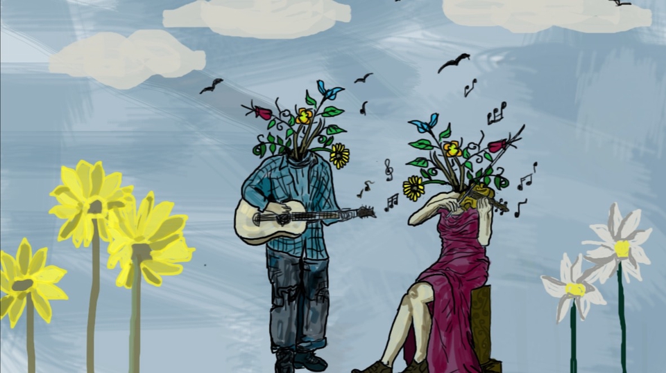 Ilustrasi dua orang bermain musik dengan bunga di kepala, ilustrasi gitar, ilustrasi violin, ilustrasi bunga, ilustrasi alam, jasa ilustrasi, jasa gambar, jasa desain ilustrasi, jasa illustrator, gambar ilustrasi