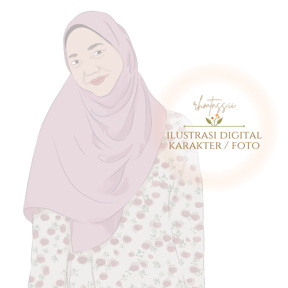 Jasa lukis karikatur wajah wanita, desain vektor karakter wanita berhijab dengan pakaian motif bunga. Ilustrasi wajah cantik berhijab dengan background putih.