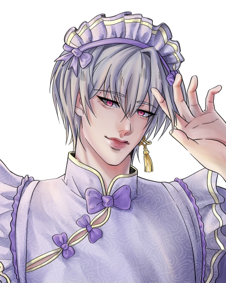 วาดภาพประกอบชายหนุ่มชุดจีน สีม่วงหวาน