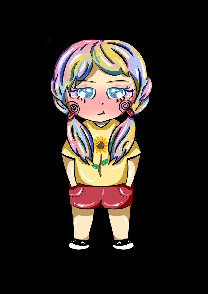 Jasa desain karakter kartun lucu dengan warna pelangi dan pakaian kuning, cocok untuk game atau ilustrasi.
