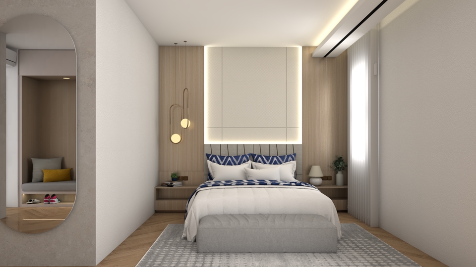 Desain interior kamar tidur minimalis dengan nuansa putih dan biru, jasa desain interior rumah 3d, jasa gambar desain 3d, interior desain rumah