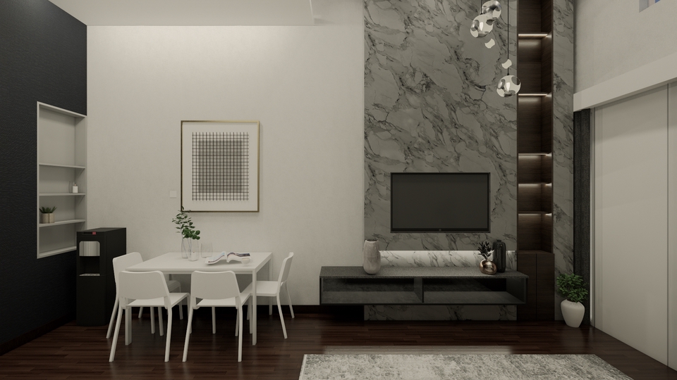 Jasa desain interior ruang makan minimalis dengan desain modern dan furnitur putih