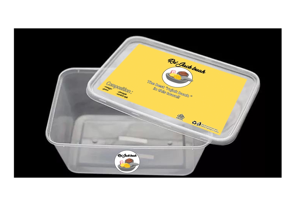 Kemasan kotak nasi unik dari plastik bening dengan label makanan dan desain stiker makanan