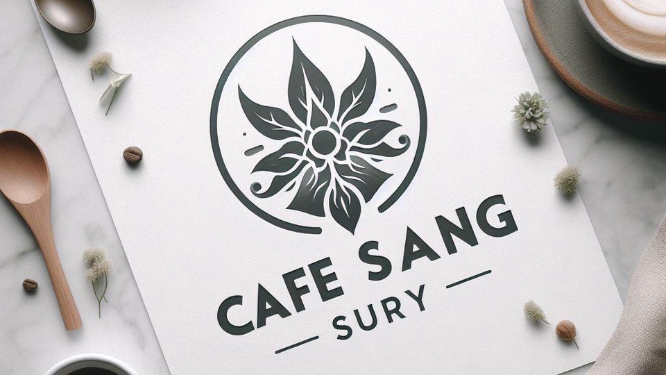 Logo Cafe Sang Sury dengan desain bunga yang elegan, desain logo cafe, jasa desain logo cafe, desain logo restoran, jasa desain logo restoran, desain logo warung makan, desain logo online shop.