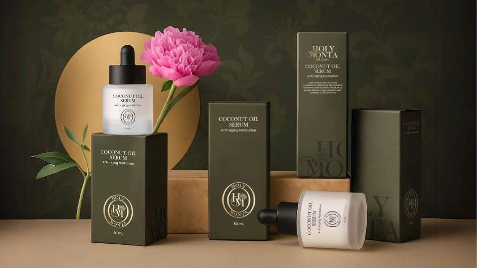 ออกแบบแพคเกจจิ้งครีม ผลิตภัณฑ์ บรรจุภัณฑ์ เครื่องสำอาง HOLY MONA Coconut Oil Serum ออกแบบกล่องครีม