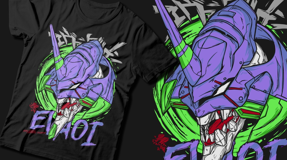 Desain kaos distro dengan motif robot mecha berwarna ungu hijau untuk pria