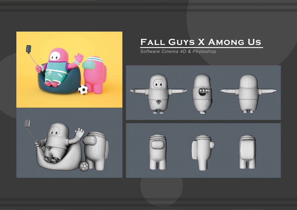 Model 3D Fall Guys dan Among Us, desain karakter game 3d, jasa desain karakter 3d, desain game 3d, jasa desain game 3d, freelance desain karakter 3d.