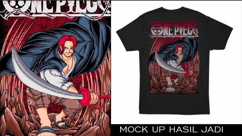 Desain kaos One Piece dengan gambar karakter Shanks memegang pedang, cocok untuk kaos distro atau kaos custom.