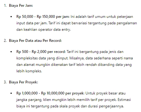 Jasa data entry per jam, dengan tarif mulai dari Rp 50.000 hingga Rp 150.000 per jam.