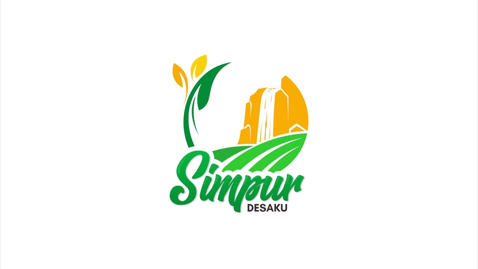 Desain logo Simpur DesaKu dengan ilustrasi gunung, air terjun, dan daun hijau.