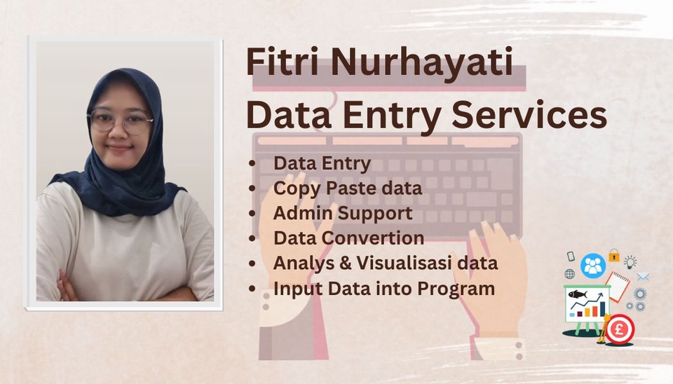 Jasa data entry profesional oleh Fitri Nurhayati, termasuk jasa input data excel, data entry online, dan analisa data.