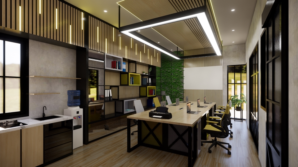 Jasa desain interior kantor minimalis modern dengan desain interior ruangan kerja dan meja kerja yang unik dan menarik.