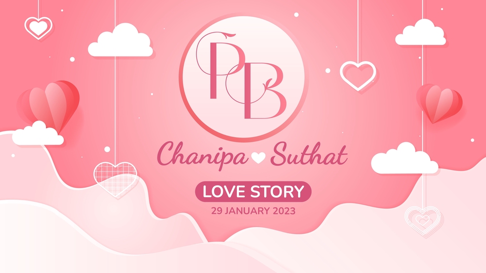 รับทำ presentation งานแต่งงาน ธีมน่ารัก สีชมพู รูปภาพโลโก้ ชื่อ Chanirapa Suthat วันที่ 29 มกราคม 2023