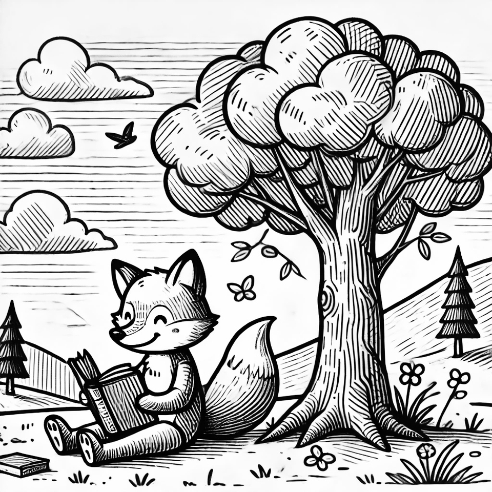 รับวาดรูปการ์ตูนจิบิ สุนัขจิ้งจอกน่ารักอ่านหนังสือใต้ต้นไม้
