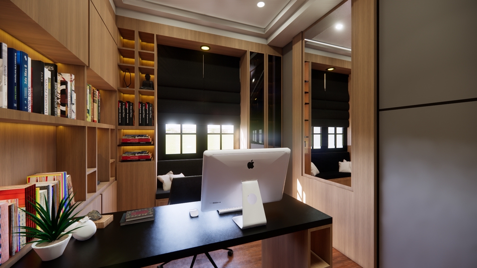 Desain interior kantor minimalis modern dengan meja kerja dan rak buku
